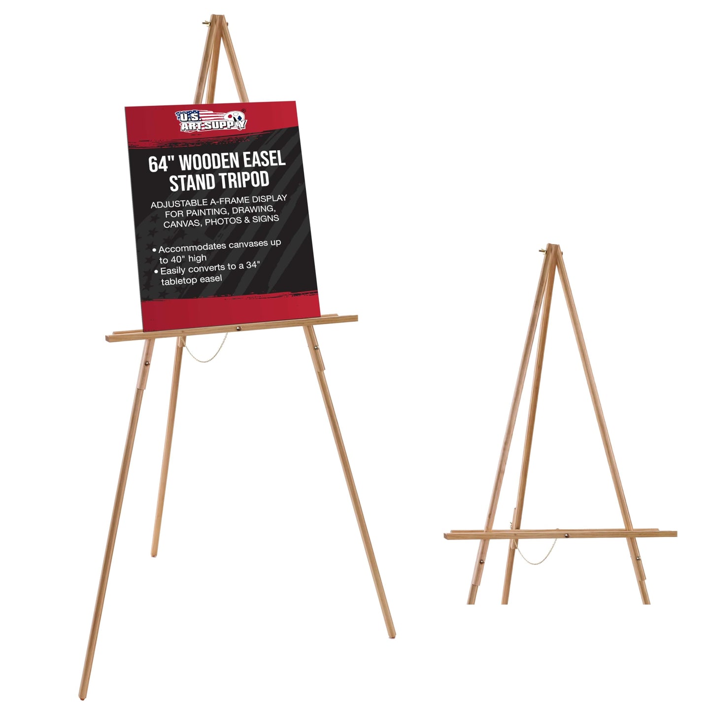 U.S. Art Supply 64" Wooden Easel Stand - Adjustable A-Frame Tripod for Painting, Drawing, Photos & Signs - Lightweight Easels, Wood Easel Stand for Sign Wedding Display 40" Canvas Capacity