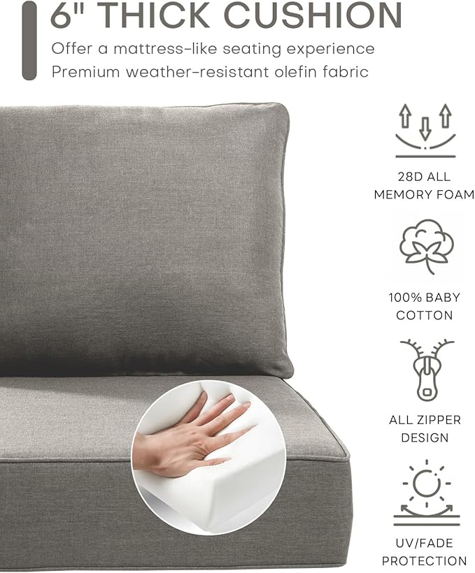 Luxury 22x24/22x25 6-Inch Outdoor Chair Cushions Set of 4 - Heavy Duty Water-Resistant Comfortable Cushion for Patio Furniture Set Dining Gliding Rocking Chairs Loveseat L-Shape Sofa - Grey