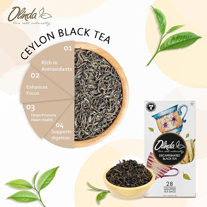 Olinda Organic Decaffeinated Black Tea 28 Individually Wrapped Tea Bags Gluten-Free Vegan Breakfast Black Tea Smooth & Antioxidant Rich Decaf