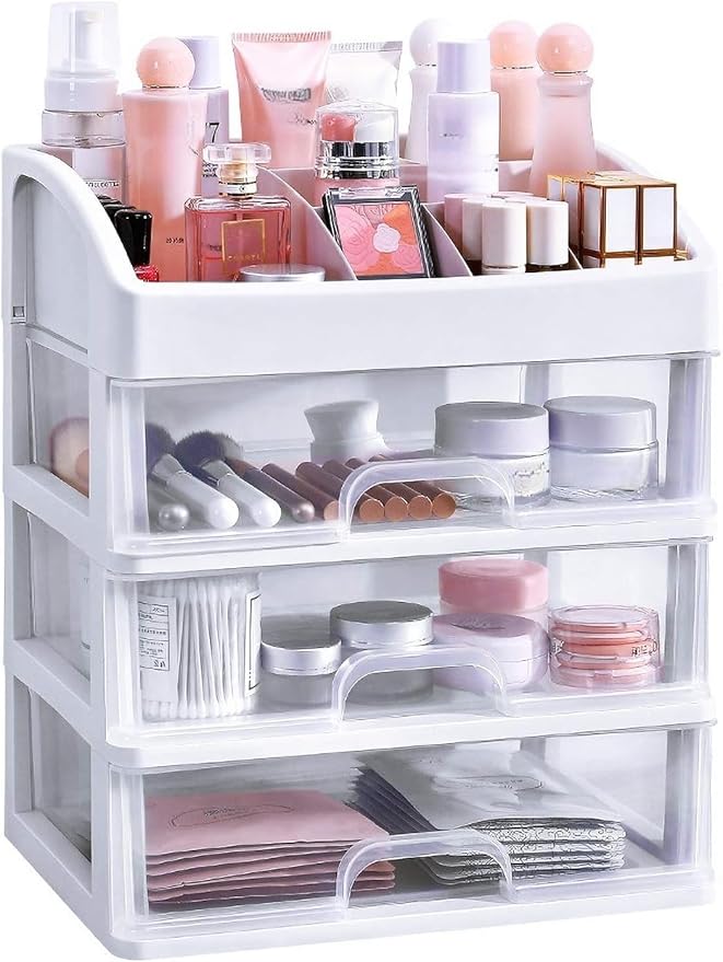 Simbuy Makeup Organizer with 3 Drawers, Bathroom Vanity Countertop Storage for Cosmetics, Brushes, Lotion, Nail Lipstick and Jewelry (White)