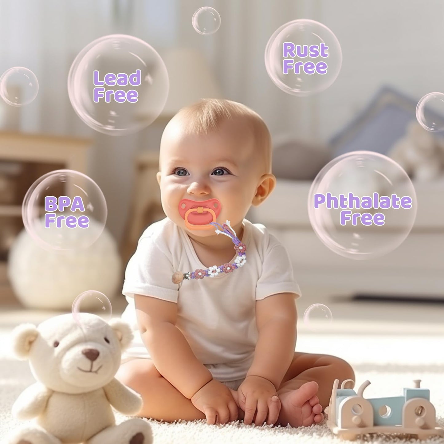 Symbolife Pacifier Clip for Boys Girls Floral Daisy Macrame Baby Paci Clip Pacifier Holder Leash Boho Wooden Clips Handmade Braided Cotton Binky Clips (2pack:Lavender Style × 2)