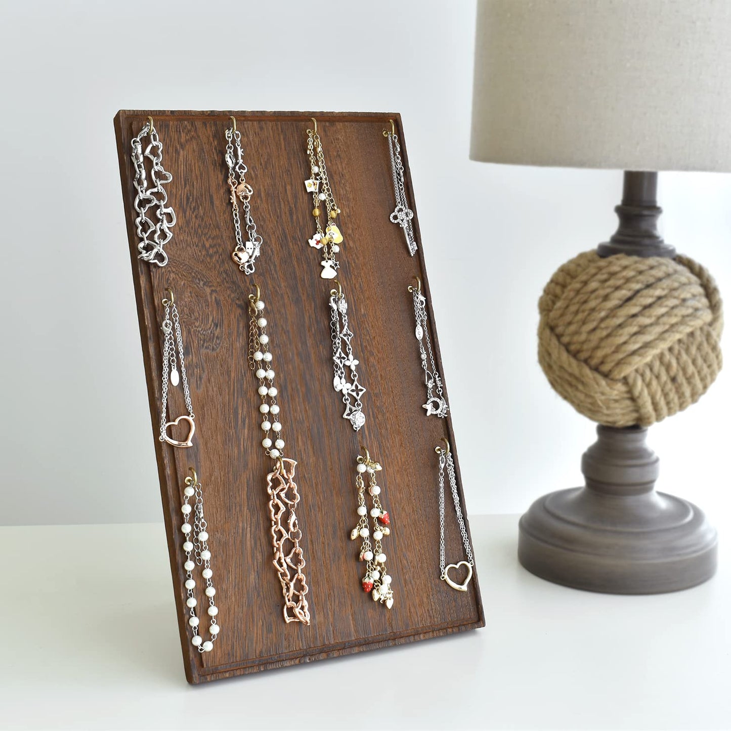 Ikee Design Wooden Jewelry Display Stand with 12 hooks, Earring Display with Hooks, Bracelet, Earring, Keychain Stand for Selling,7.8W x 7.8D x 15.9H in, Brown Color