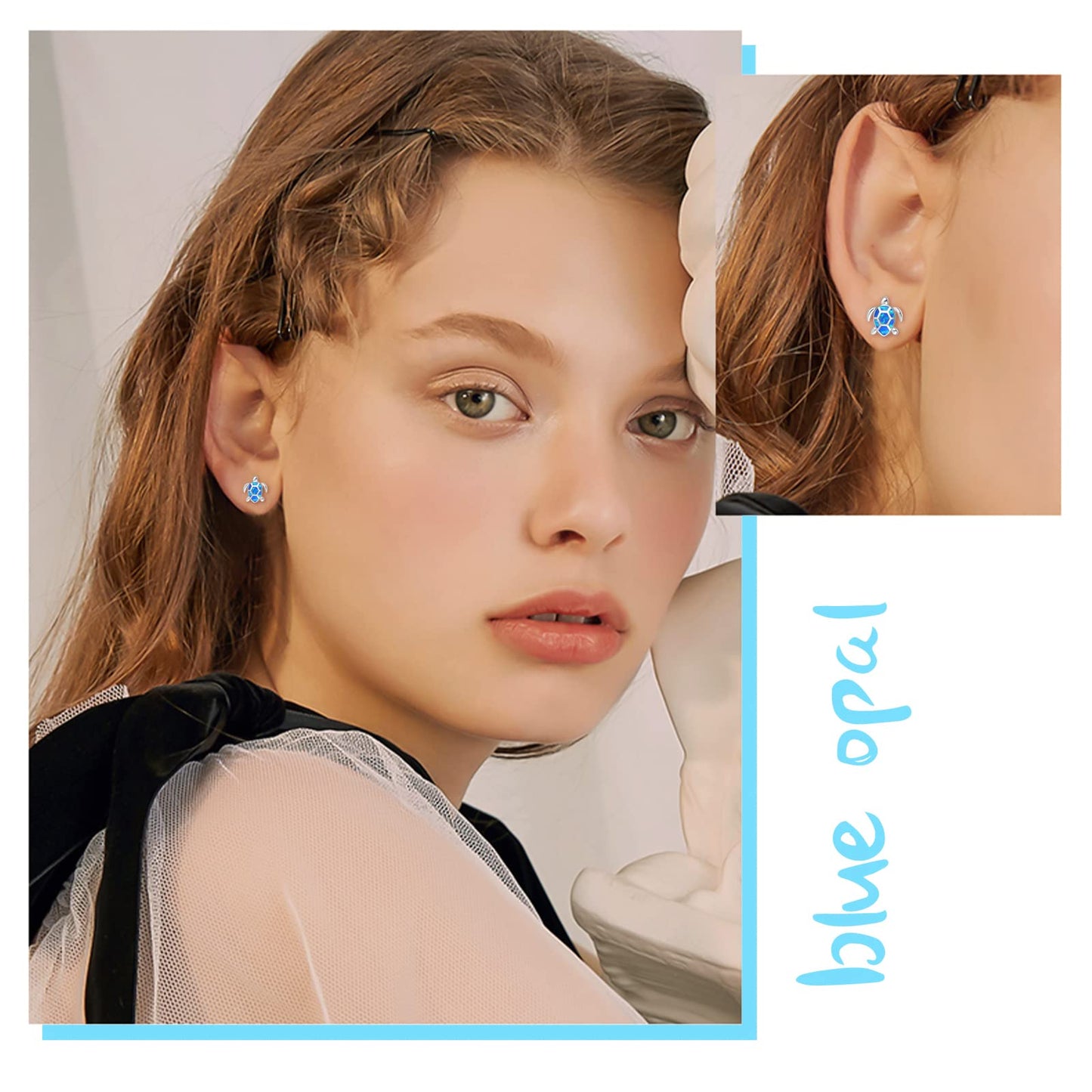 AOVEAO Sea Turtle Earrings,Sterling Silver Hawaiian Beach Themed Stud Earrings Turtle Dangle Blue Opal Ocean Jewelry Gifts for Women Girlfriend (Stud)
