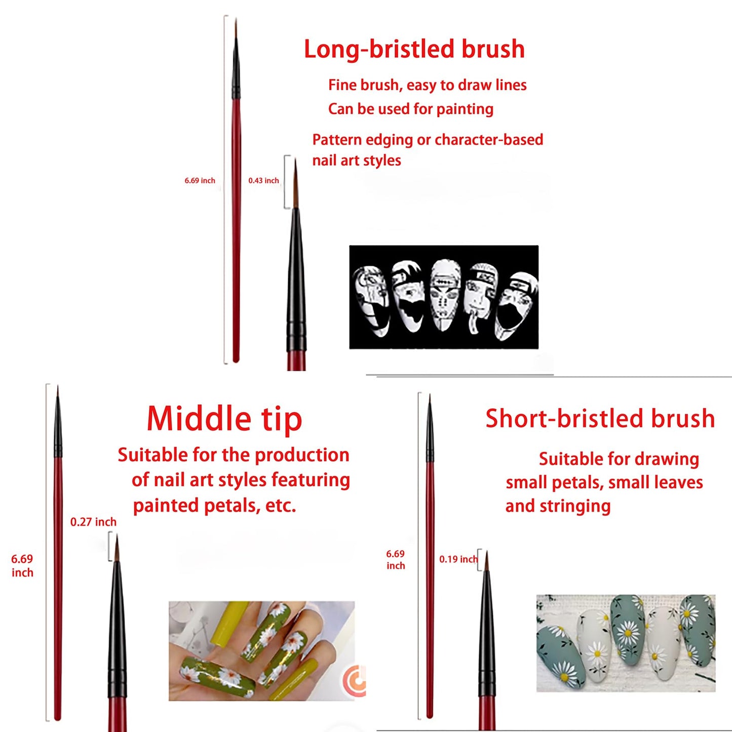 Nail Art Brush Set, Red Handle with Black Ferrule, Fine Tip Detail Brushes for Nail Design and Decoration 3 PACK