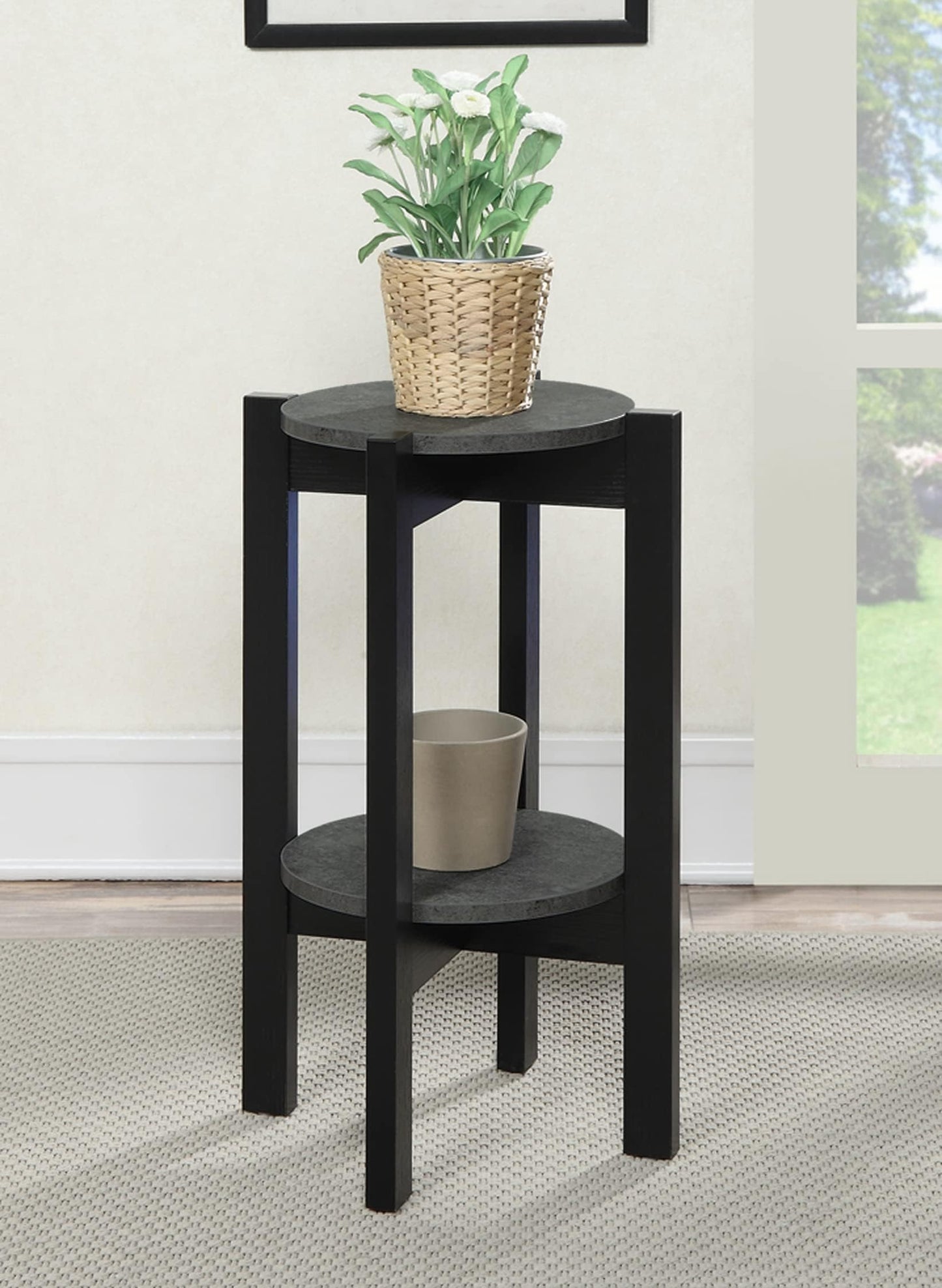 Convenience Concepts Newport Medium Plant Stand, Faux Cement / Black