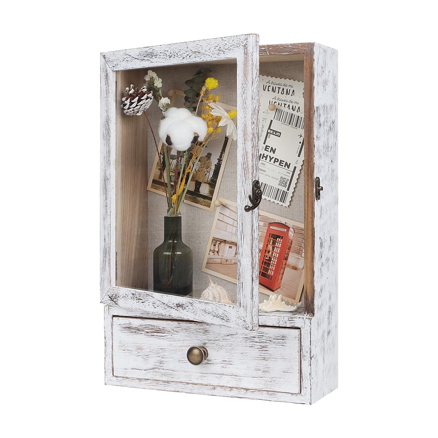 Butizone Shadow Box Frame, 3.2” Deep Shadow Box Display Case with Real Glass and Drawer, Rustic Wood Memory Boxes for Pictures, Flowers, Memorial, Medals, Wedding Bouquet for Wall or Tabletop, White