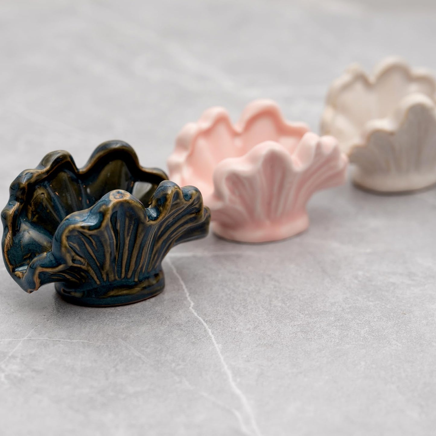 wowhalolo Ceramic Shell Business Card Holder Set of 3 - Pink, White, Blue - Boho Vertical Desk Organizer and Business Card Display for Office,Wedding,Home Decor- Cute Desk Accessories and Unique Gift