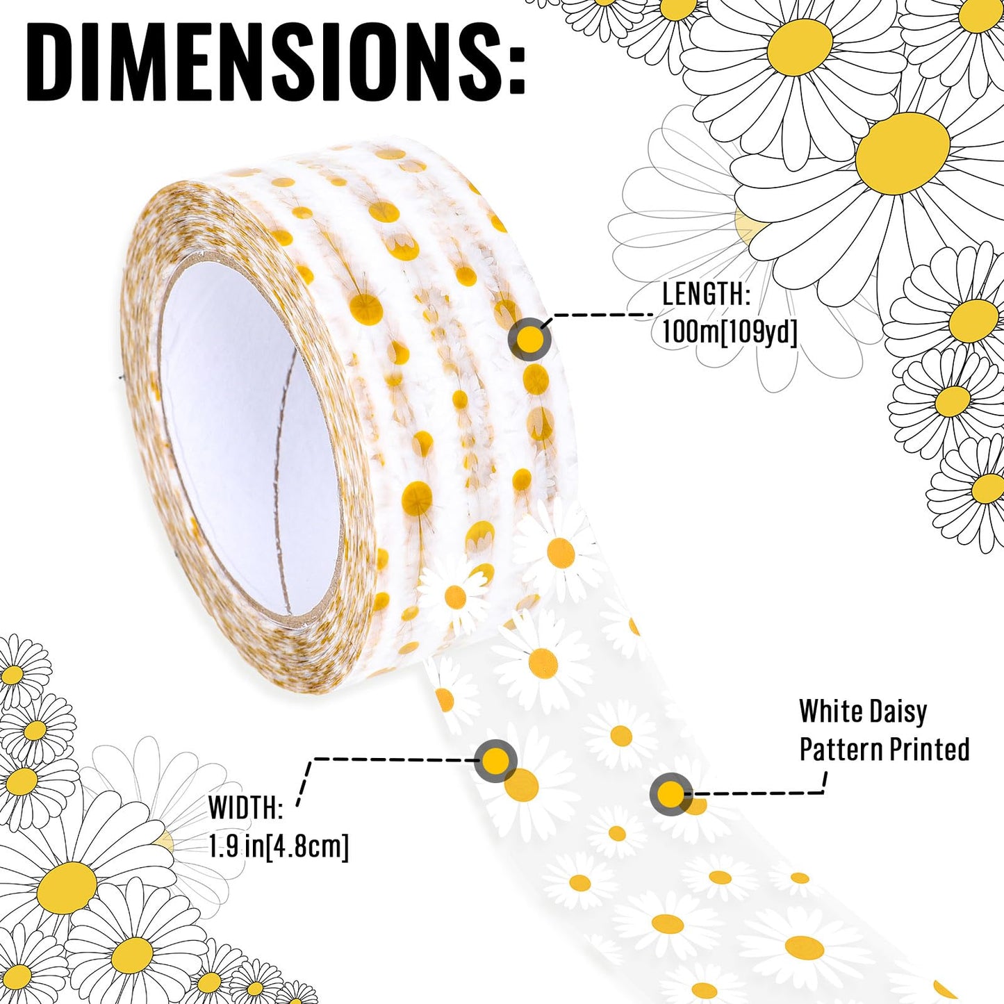 Whaline 109 Yard Groovy Daisy Packing Tape White Boho Flower Pattern Tape Waterproof Floral Shipping Tapes for Small Business DIY Crafts Box Carton Decor