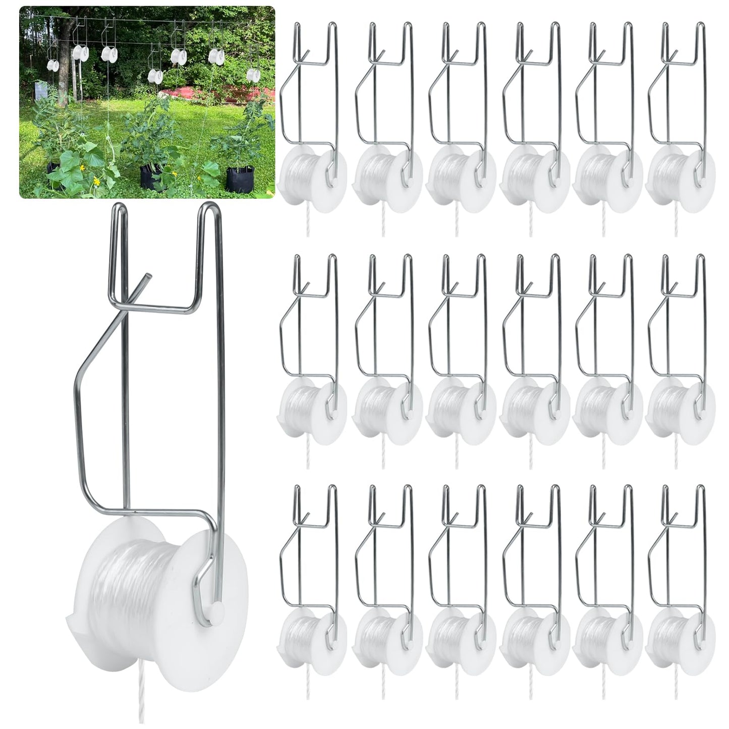 Hidbot Tomato Support Hooks with String,20 Pack Tomato Trellis Roller Hooks with 49.2FT String for Plant,Greenhouse Tomato Flower Vine Twine Crop Trellis Kit Plant Roller Hook