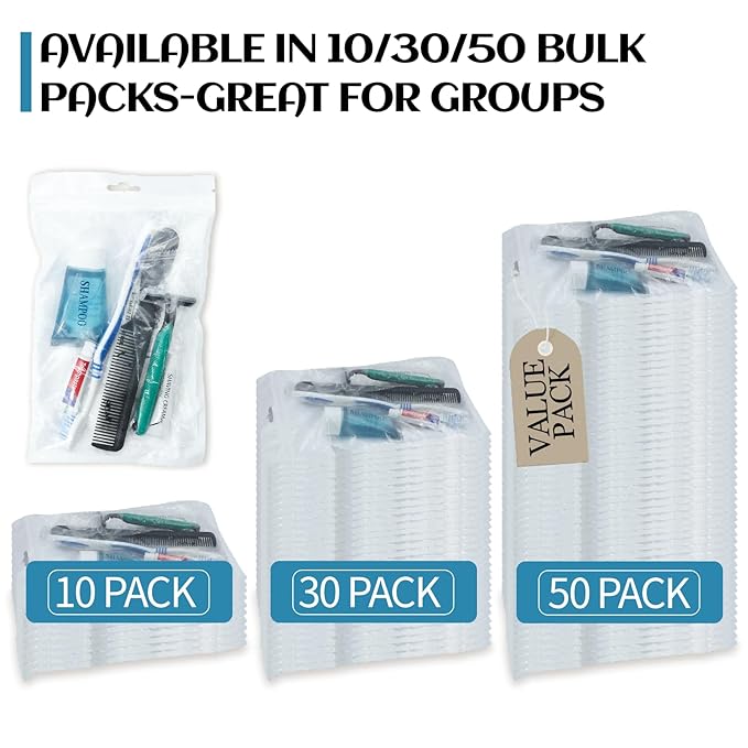 30 Pack Hygiene Kits for Homeless in Bulk, 8-in-1 Personal Toiletry Kit Individually Packed with Toothbrush, Toothpaste, Comb, Flossers,Shampoo, Soap, Razor & Shaving Cream