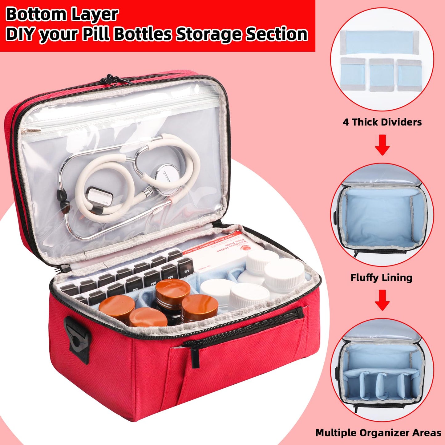 Tesuko Medicine Bag for Traveling with Portable Small Pouch, Double Layer Pill Bottle Organizer Storage Case with Lockable Zippers, Carrying Medication Travel Case with Shoulder Strap (Bag ONLY), Red