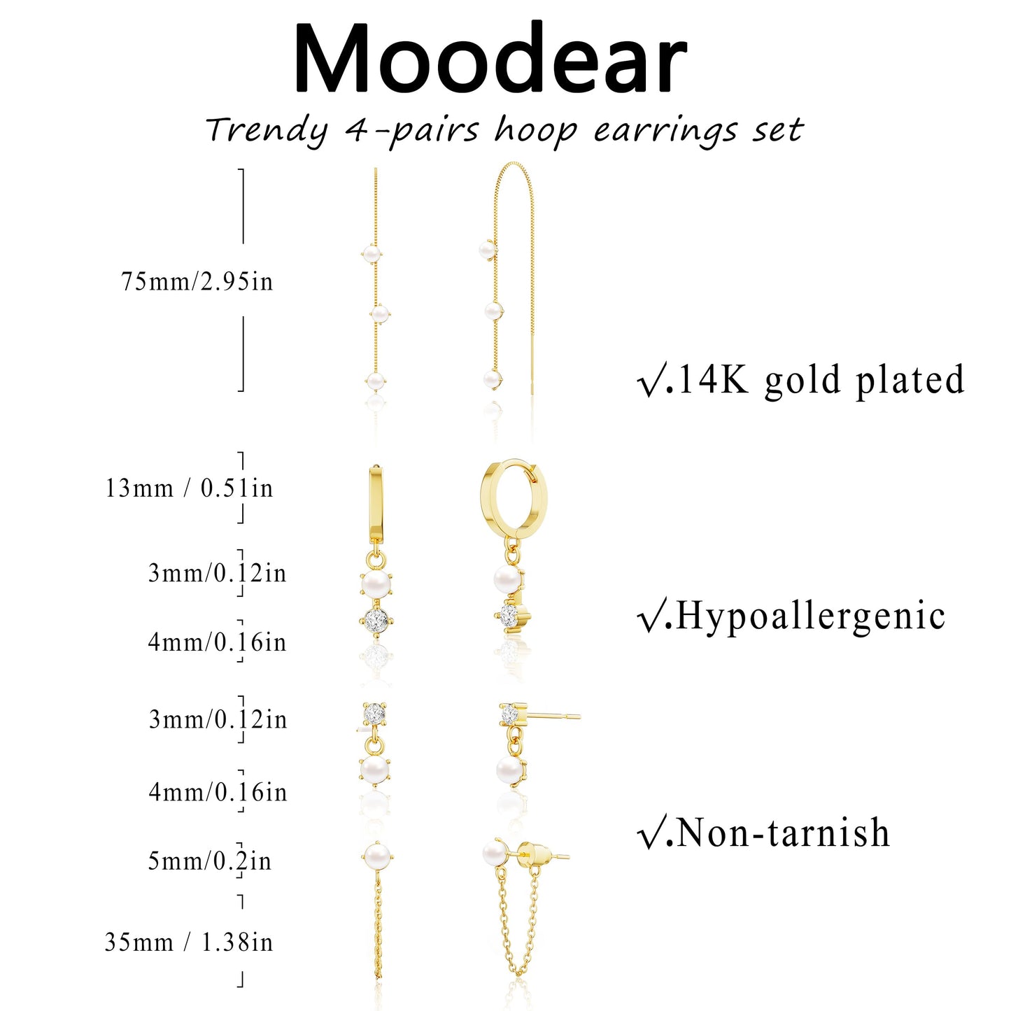 Moodear Dainty Pearl Studs Drop Hoop Earrings for Women - Trendy 14K Gold Plated Dangle Chain Baroque Pearls Hypoallergenic Earring Sets for Multiple Piercing