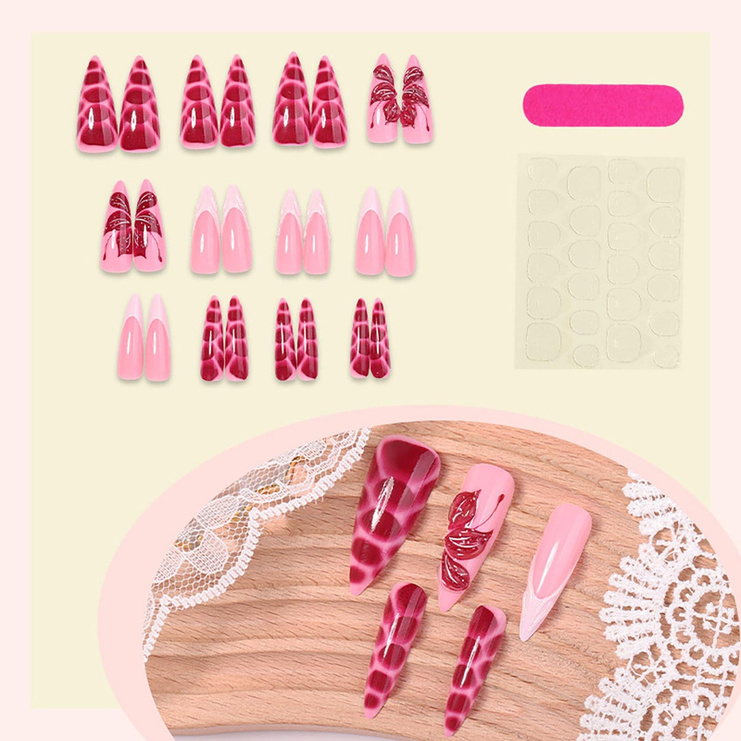 RUOKEXIN Long Stiletto Press on Nails French Tip Fake Nails Flower False Nails with 3D Designs Spring Summer Nail Press ons Sparkly Artificial Nails for Women 24Pcs