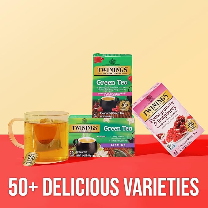 Twinings Green Tea with Pomegranate, Raspberry, & Strawberry Individually Wrapped Bags, 20 Count (Pack of 1), Caffeinated, Enjoy Hot or Iced, 20 Teabags