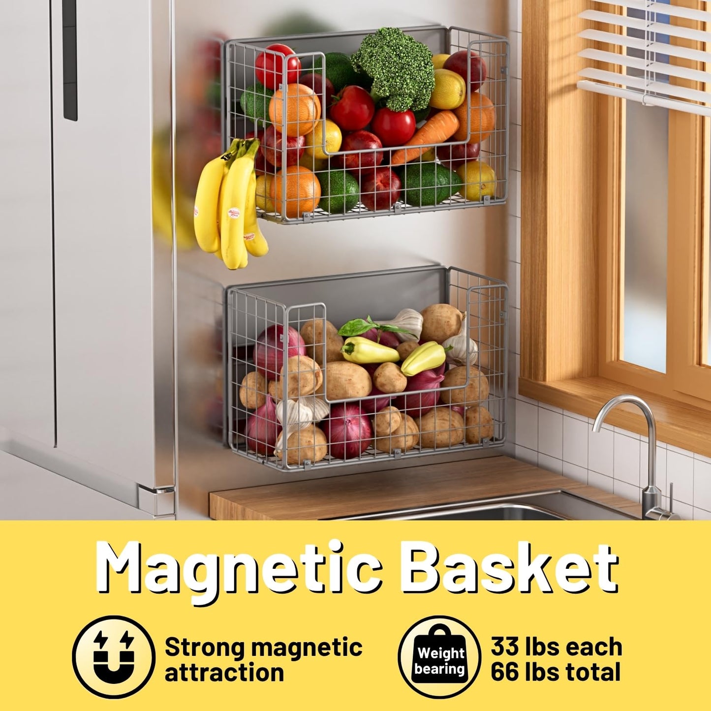 Ofiray-home Magnetic Fridge Shelf, Fruit Potato & Onion Storage Bins, Pantry Organizers, Large Container Basket for Refrigerator, Kitchen Counter, Cabinet (2, Silver)