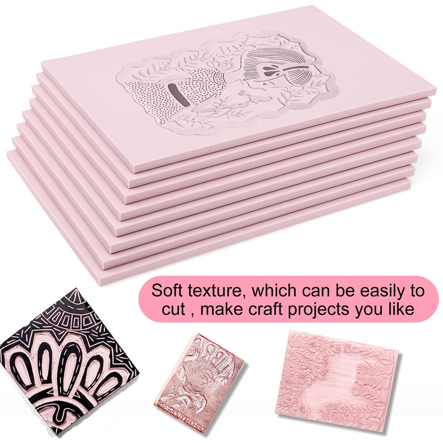 8 Pack 8"x6" Pale Pink Linoleum Blocks for Printmaking, Rubber Stamp Carving Blocks Linoleum Carving Tools for Stamp Maker Printmaking Supplies