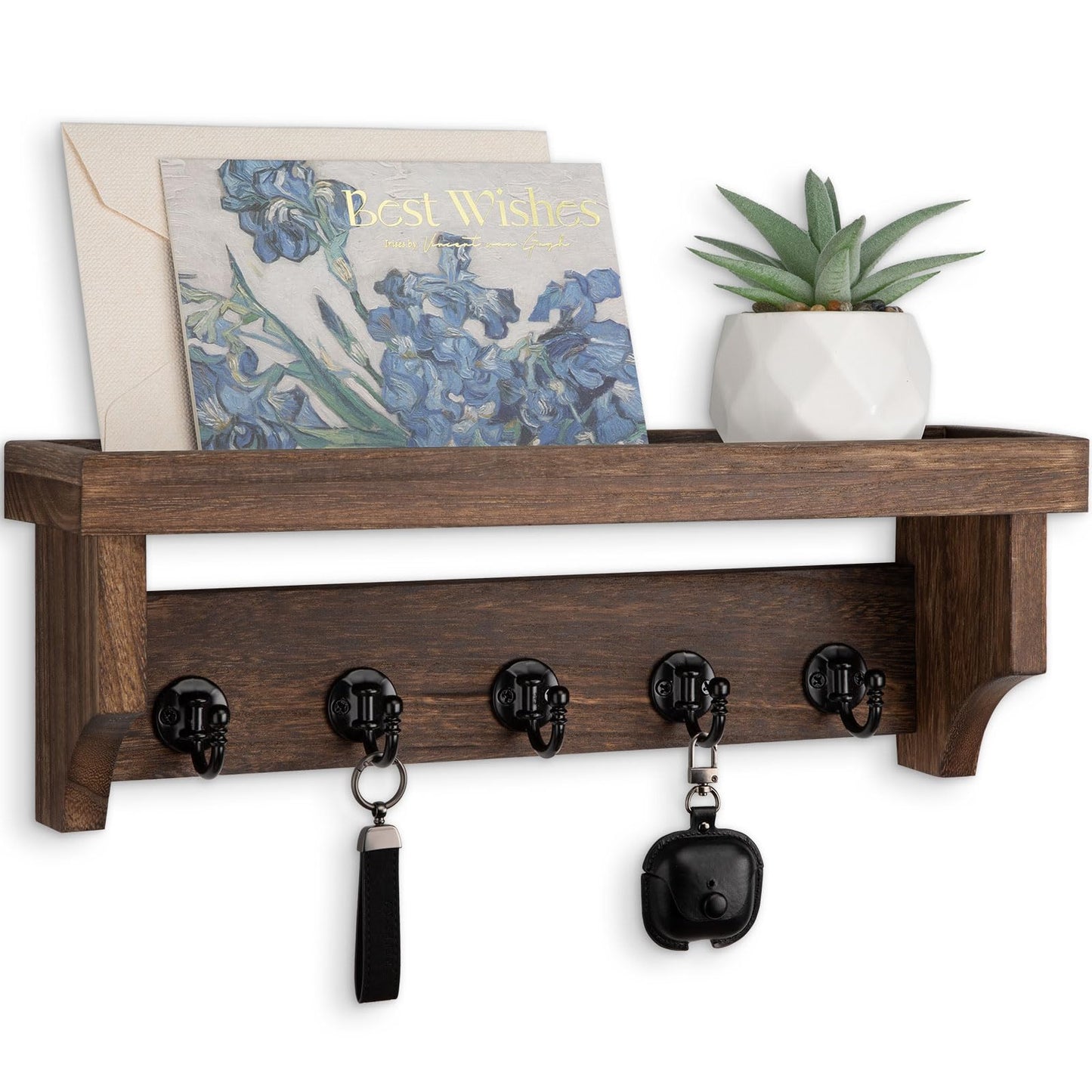 Lucundm Key and Mail Holder Wall Mount, Key Holder with Shelf and Mail Organizer Wall Mount. Mail Holder with 5 Hooks for Coat, Dog Leash, Home Decor Rack, Entry Way Organizer (Brown)
