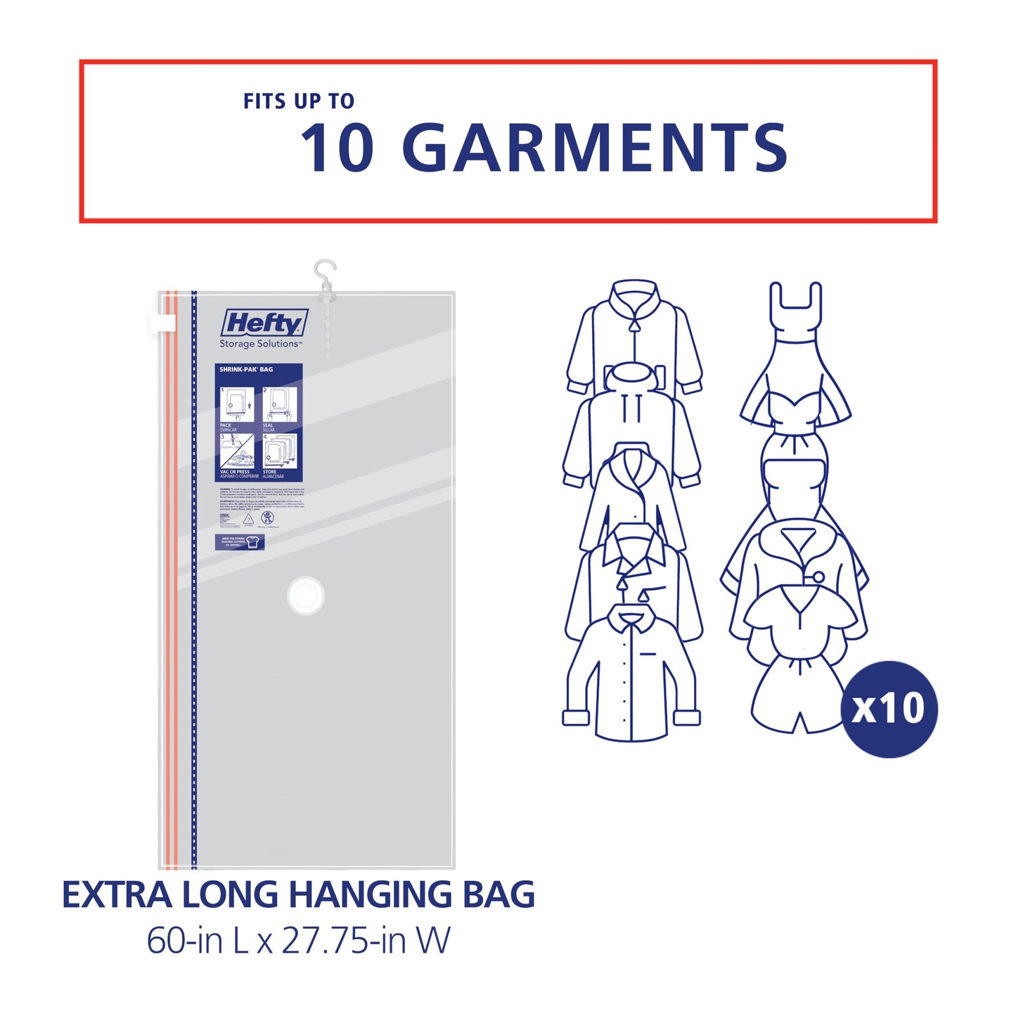 Hefty Hanging Compression Bags 3 Extra Long Vacuum Garment Storage Bags for Clothes, Travel, Closet Organization (60 X 27 Inches) (X-Large)