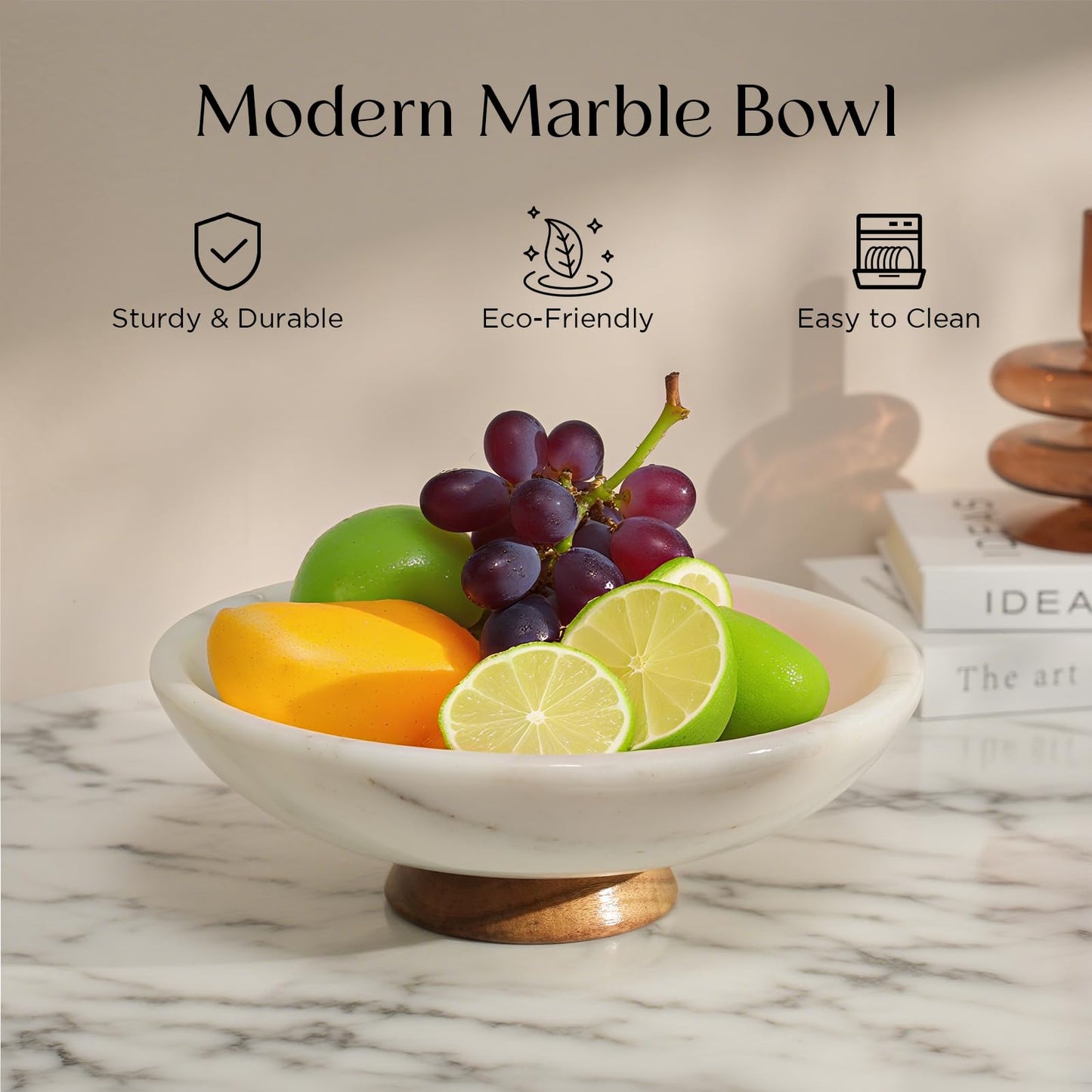 SAMAH White Marble Fruit Bowl with Acacia Wood Pedestal, Large Decorative Footed Bowl, Natural Stone Centerpiece for Kitchen Counter, Entryway, Keys, Dining Table, House Warming Gifts New Home(11Inch)