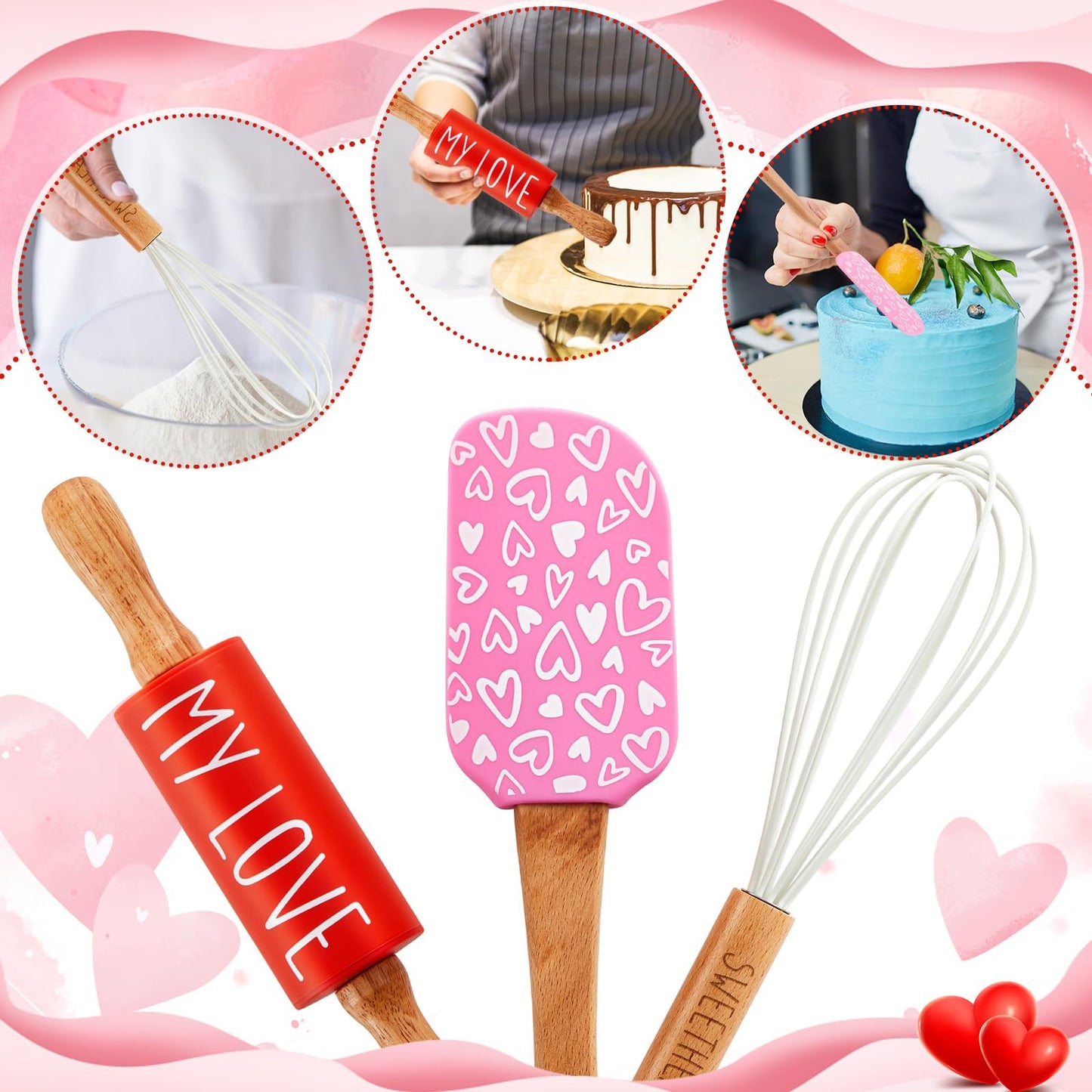 Fuutreo Valentines Holiday Mini Bake Set with Mini Spatula, Whisk and Rolling Pin, Sweetheart Pattern, Heat Resistant, Valentine Sweet Gift Bake Set for Baking Cooking Sauteing Mixing Serving Stirring