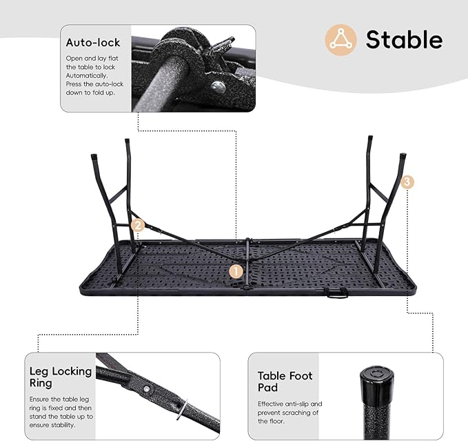 Folding Table 6FT HDPE 6 Foot Foldable Table Portable Banquet Surface Fold-in-Half Desk Utility for Working Meeting Parties, Picnic, Camping, Weddings, Catering, Garden Dining-Black