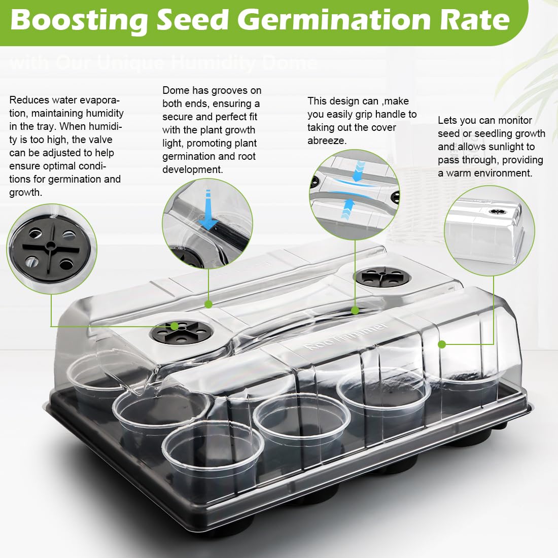 RooTrimmer 5 Pack 12 Cell Nursery Pot Trays with Adjustable Humidity Domes & 4 Inch Clear Pots 60 Pack, Sturdy Seed Starting Kit for Greenhouse Garden, Reusable Plant Growing Germination 5 Sets