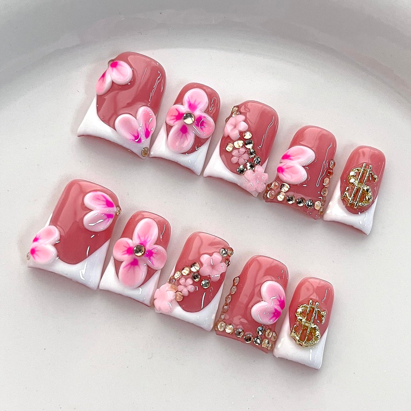 French Tip Press on Nails Handmade Short Duck 3D Flower Thick Acrylic Nails White False Nails with Pink Floral Rhinestones Designs Elegant Glossy Fake Nail Sturdy Wedding Art Press on Nail 10Pcs(S)