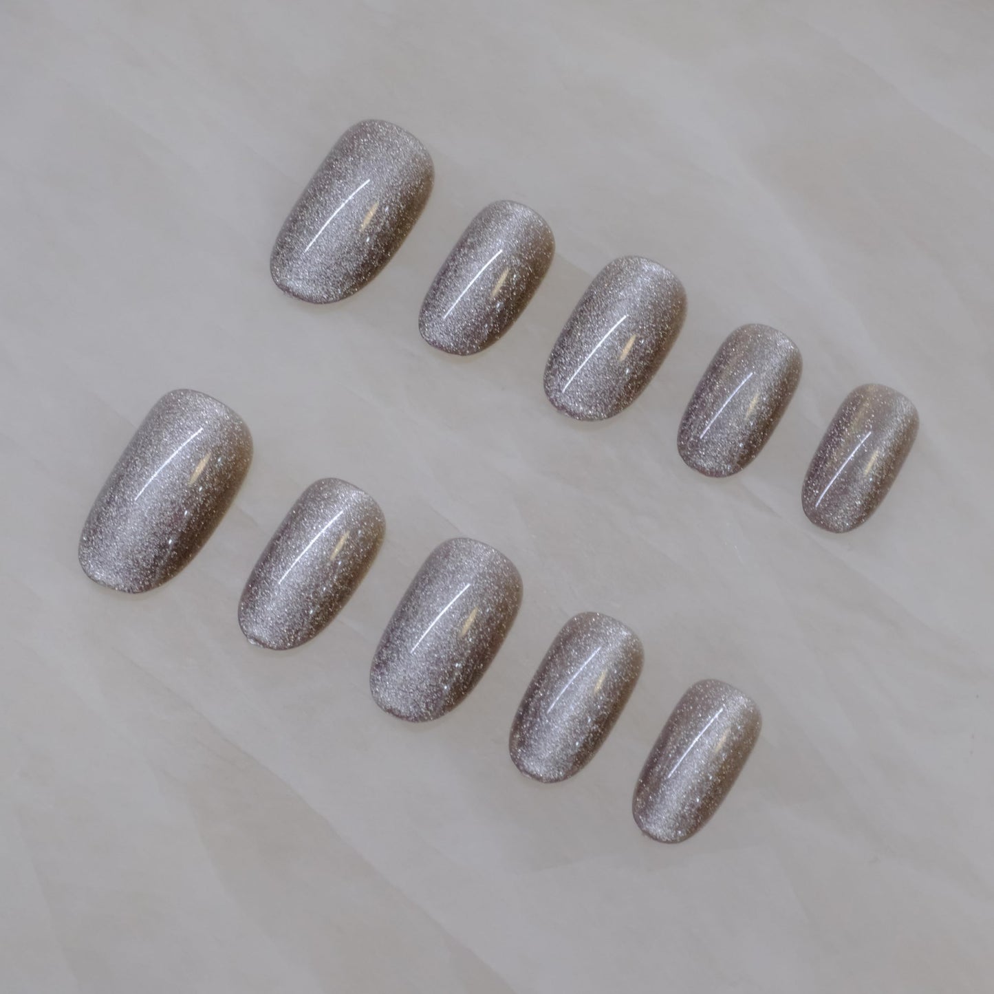 Glossy Cat Eye Short Round Press-On Nails for Daily Wear, Matte (Grey, 24 pcs)