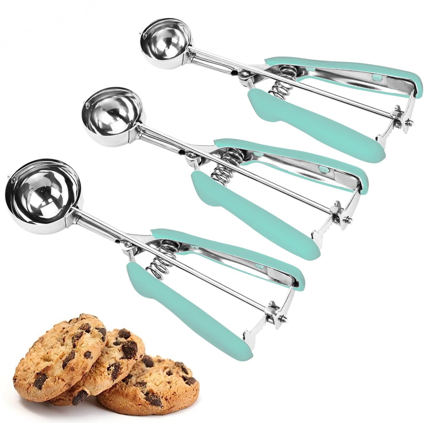Cookie Scoop Set, 3Pcs Ice Cream Scoop, Cookie Scoops for Baking Set of 3, 18/8 Stainless Steel Cookie Scooper for Baking, Ice Cream Scooper with Trigger Release, Mint Soft Grip Cookie Dough Scoop