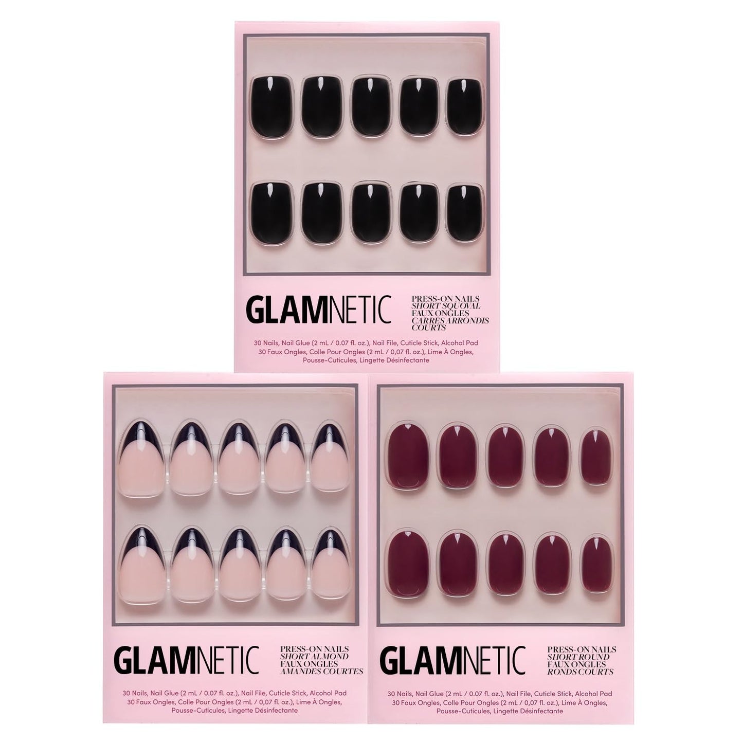 Glamnetic Press-On Nails Bundle - Jet Black, Berry Maroon & Caviar | Squoval Black Fake Nails with a Glossy Finish | Dark Red Maroon Round Nails | Short Almond Black French Tip False Nails