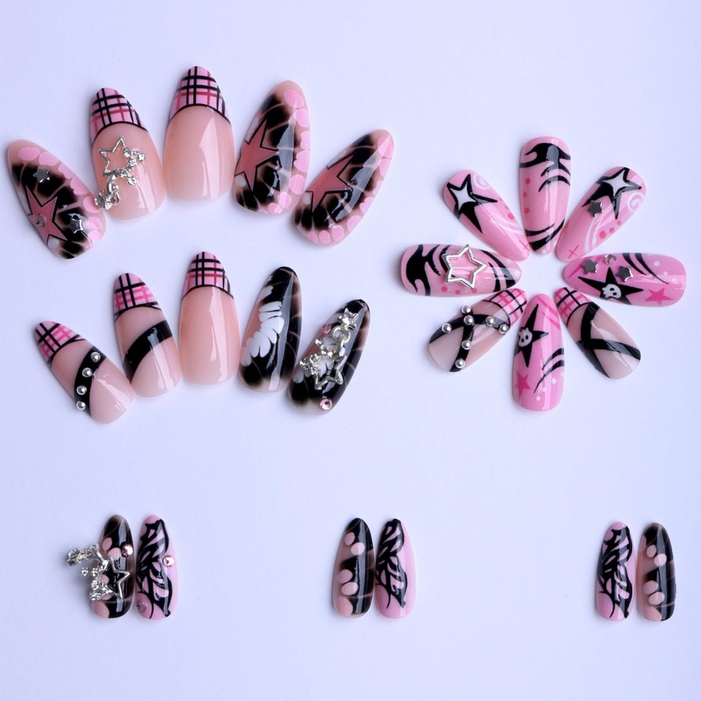 OCTOSWAVE Long Almond Press On Nails, Pink & Black Y2K Fake Nails with 3D Silver Star Charms, Glossy Stick-On Nail Set (24 Pcs) with Jelly Adhesive Tabs, Prep Pad, File & Cuticle Stick