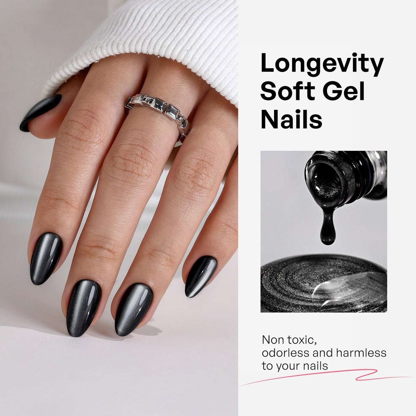 Black Cat Eye Press On Nails Short - GJZEZ Soft Gel Almond Galaxy-Like Shimmer Cool Goth Press On Nails for Women, Winter Halloween Stick On Nails in 16 Sizes - 32PCS Reusable Glue On Nails, Ink Noir