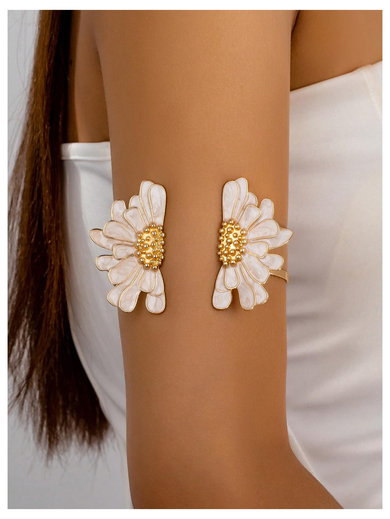 MakeMeChic Beach Gold Arm Cuff Jewelry for Women Bangle Band Armlet Flower Upper Arm Cuff Bracelet Summer Beach Essentials White Floral B One-Size