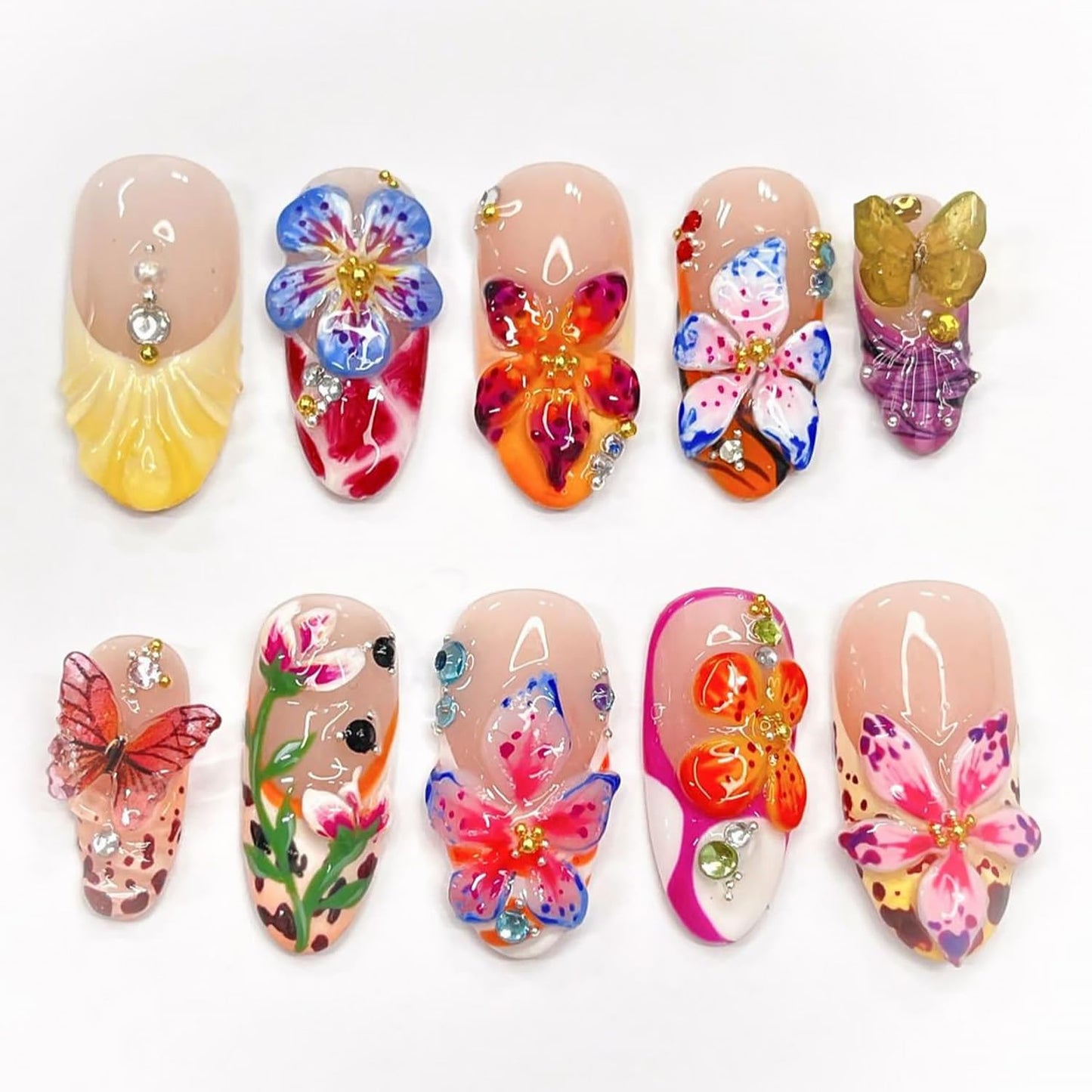 WBRRFJJ 24Pcs Medium Almond Acrylic Flower Press-on False Nails with 3D Colorful Butterfly Gems Design, Glossy Finish, Full Cover, Summer Stick-on Nails for Women