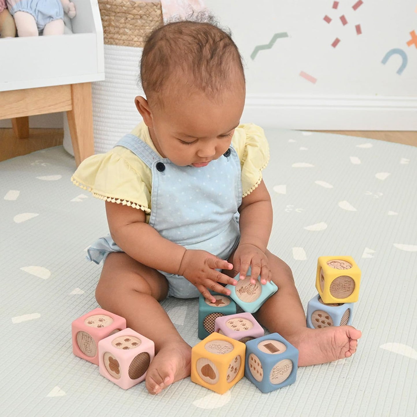 Little Rawr 9 Pcs Baby Silicone & Wooden Stacking Blocks, Food-Grade Silicone Baby Toy with Natural Wood Inserts, Soft Chewable Montessori Blocks for Toddlers, Animal Learning Toy
