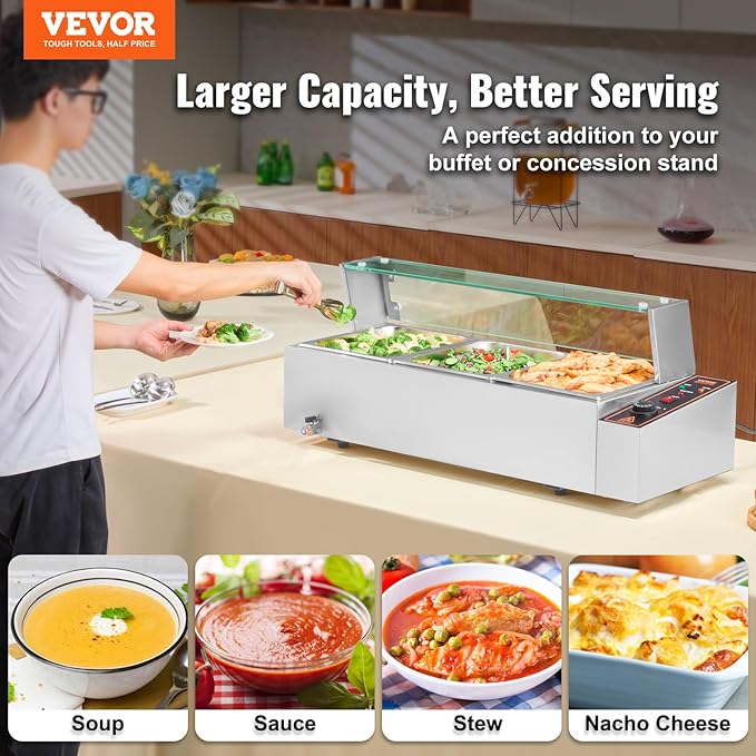 VEVOR 3-Pan Commercial Food Warmer, 3 x 8QT Electric Steam Table with Glass Cover, 1500W Countertop Stainless Steel Buffet Bain Marie 86-185°F Temp Control for Catering, Restaurants, Silver