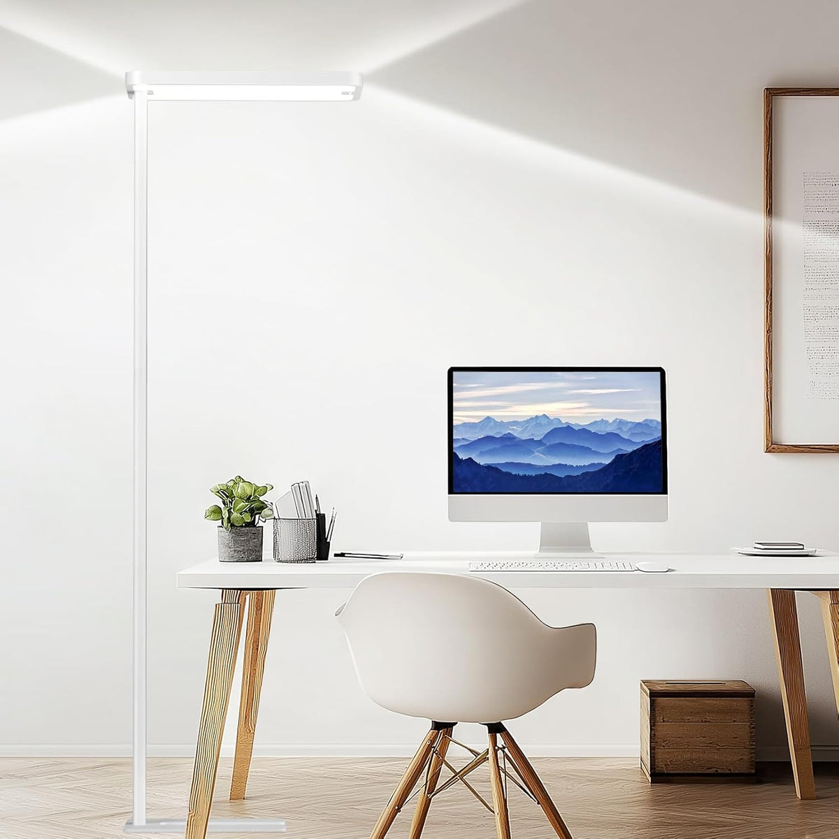 EMITEVER LED Floor Lamp, 100W Spectrum Eye Care Standing Lamp, 77'' Dimmable Motion Sensing & Daylight Sensing Reading Lamp for Study, Living Room, Conference, Office, 4000K Natural Daylight, White
