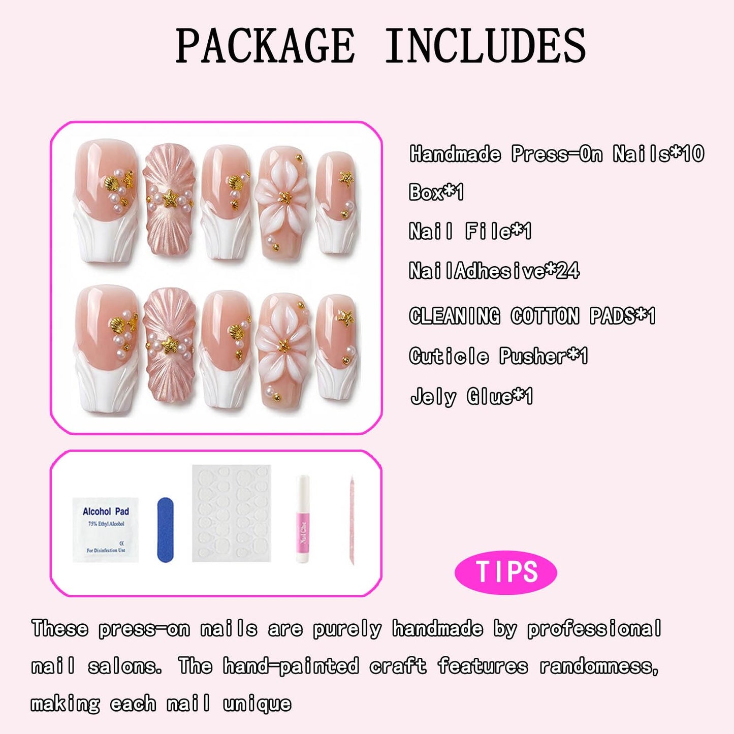 Luxury Handmade Press On Nails Medium Square 3D Flower Shell Pearl White French Tip Nude Pink Nails for Women Wedding & Party 10Pcs (Size M)