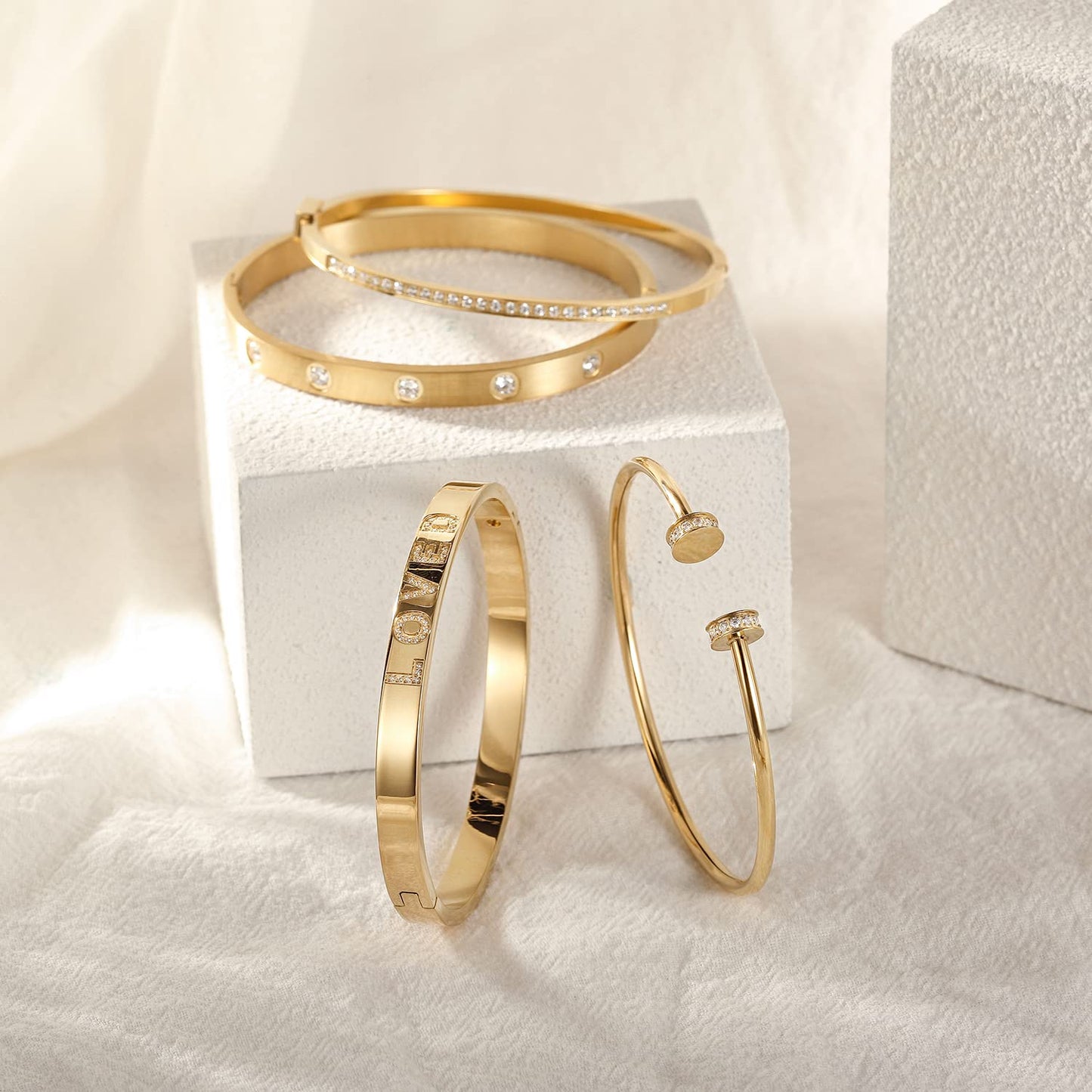 WISTIC Gold CZ Thin Bangle Bracelet for Women Stainless Steel Metal Rose Gold Silver Plated Cuff Bangle Jewelry for Lady Gift