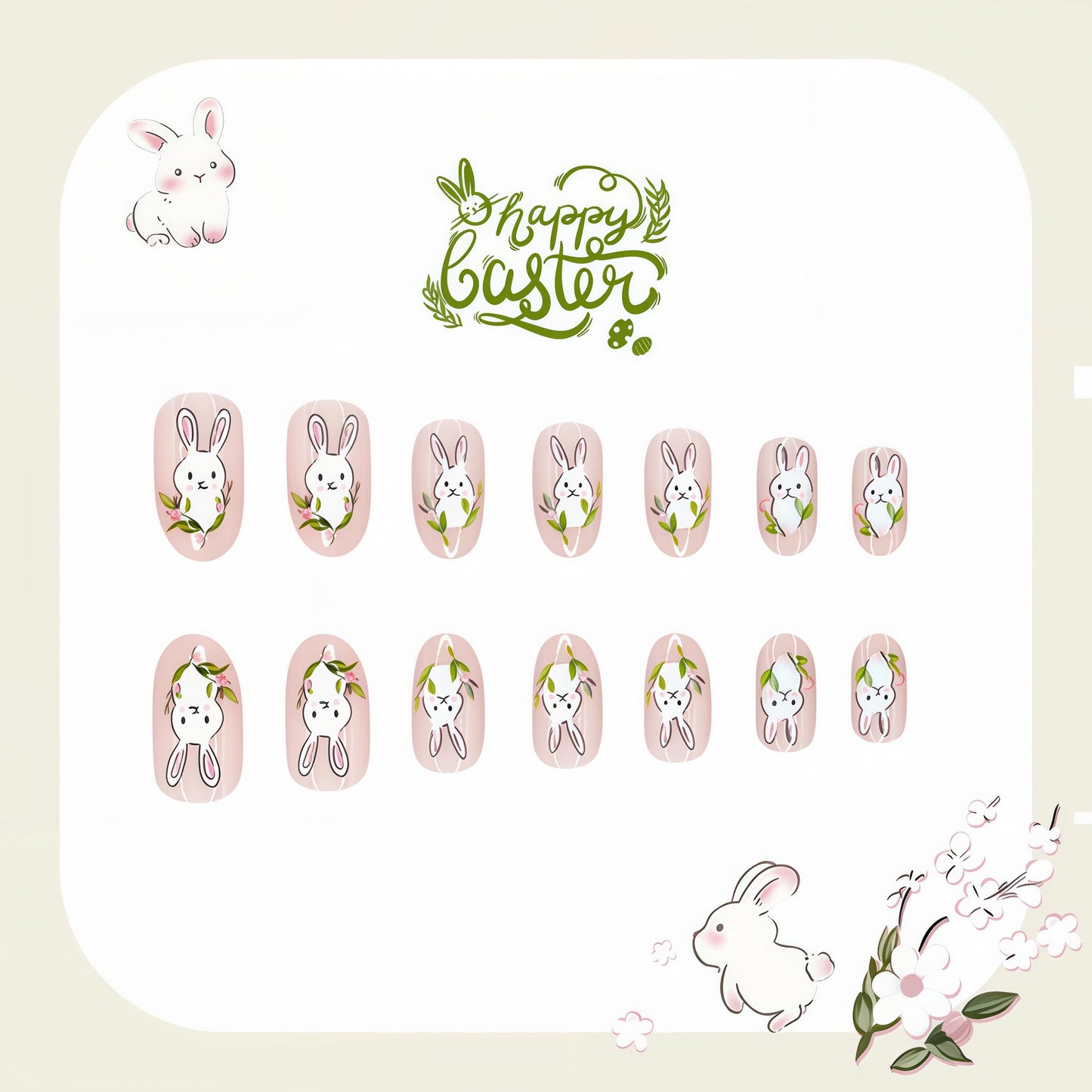 Spring Summer Easter Press on Nails Short Round Fake Nails Cute rabbit False Nails Summer Flowers Rabbit Acrylic Stick on for Women Girls Easter Manicure Decoration 24Pcs