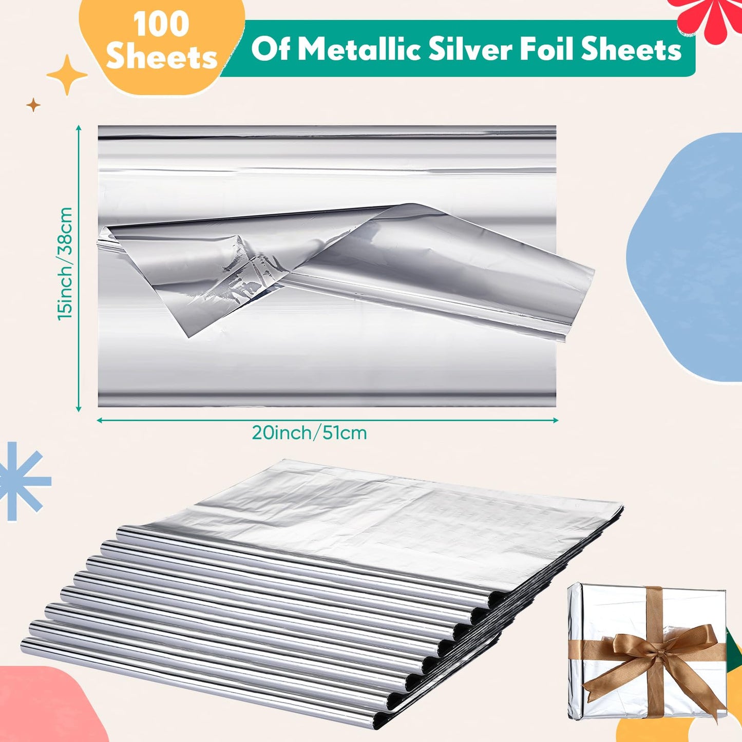 Resurhang 100 Sheets Silver Tissue Paper, 15'' x 20'' Inches Metallic Foil Tissue Sheets, Silver Wrapping Paper Bulk for Craft DIY Gift Wedding Birthday Party Decorations Arts Project