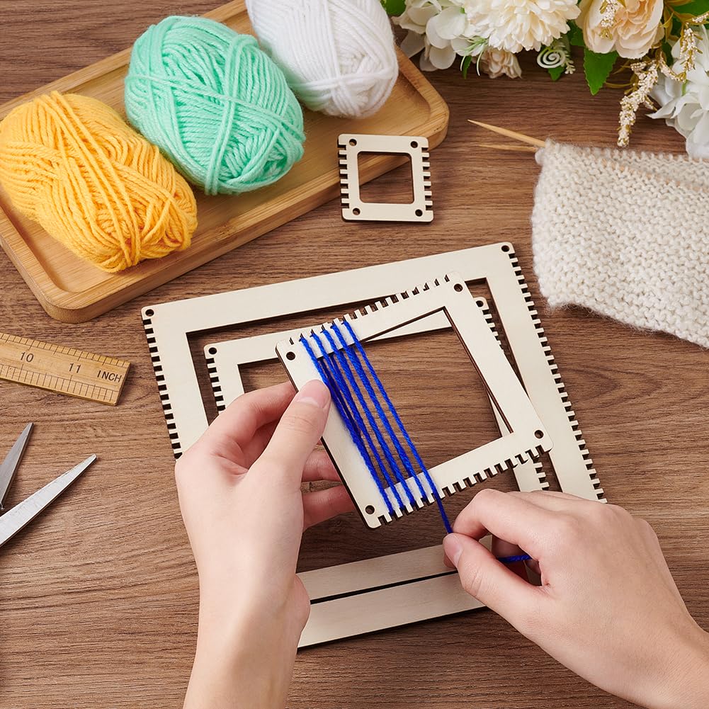 BENECREAT 4 Sizes Wooden Weaving Loom Kit, 2/4/5.9/7.8 inch Square DIY Weaving Loom DIY Weaving Art Tapestry Loom for Hanging Decor Woven Tapestry Knitted Crafts Making, 4.5mm Thick