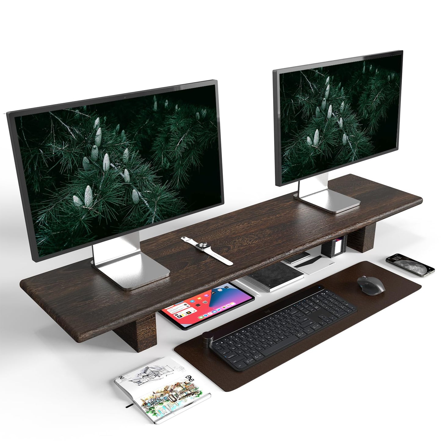 "WEGASTU Solid Wood Rustic Desk Monitor Stand with Storage，Large Dual Monitor Stand Riser for Laptop Computer/TV/PC/Printers, Perfect Desktop Stands Organizer with Underneath Storage for Office