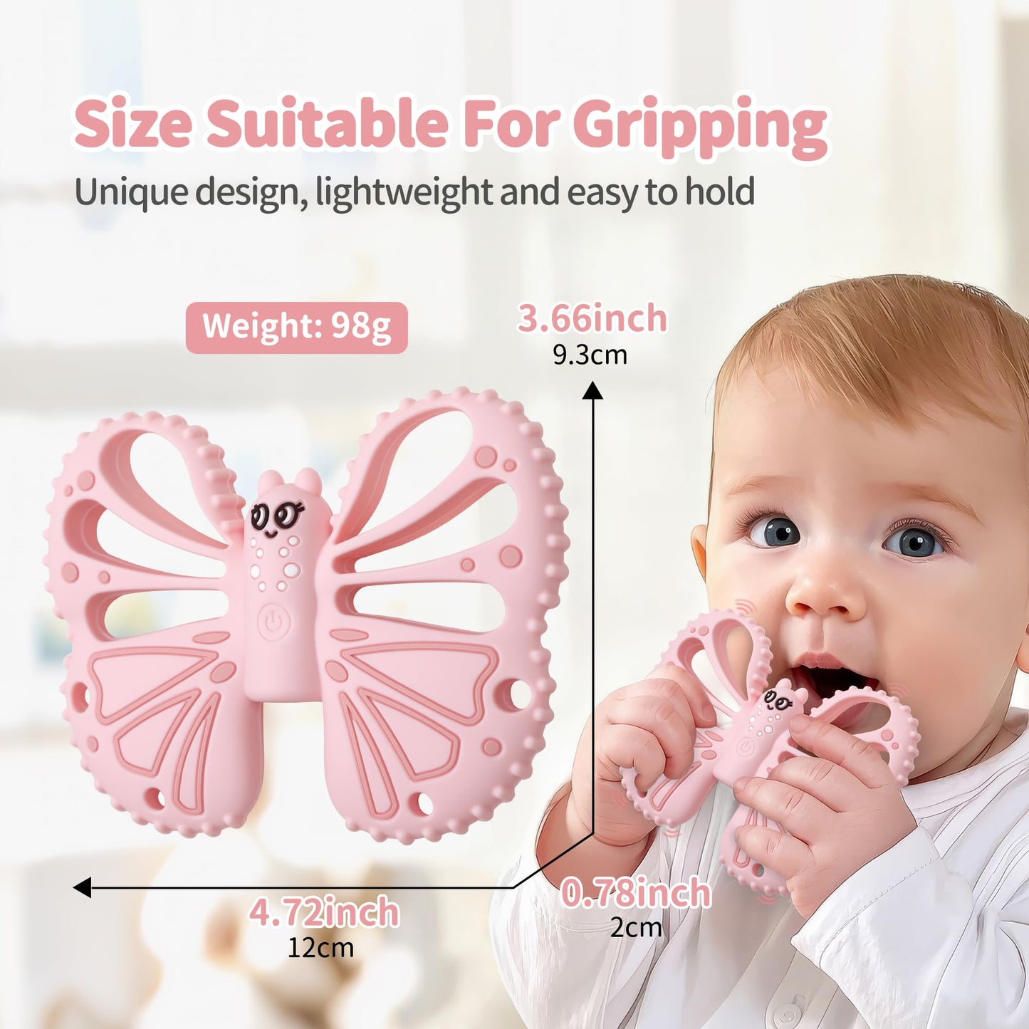Vibrating Teether for Baby - Chewy Sensory Toy for Teething & Autism, 10-Speed Vibration Modes, USB Rechargeable, Food Grade Silicone Teether for Sensory Seekers(Pink)