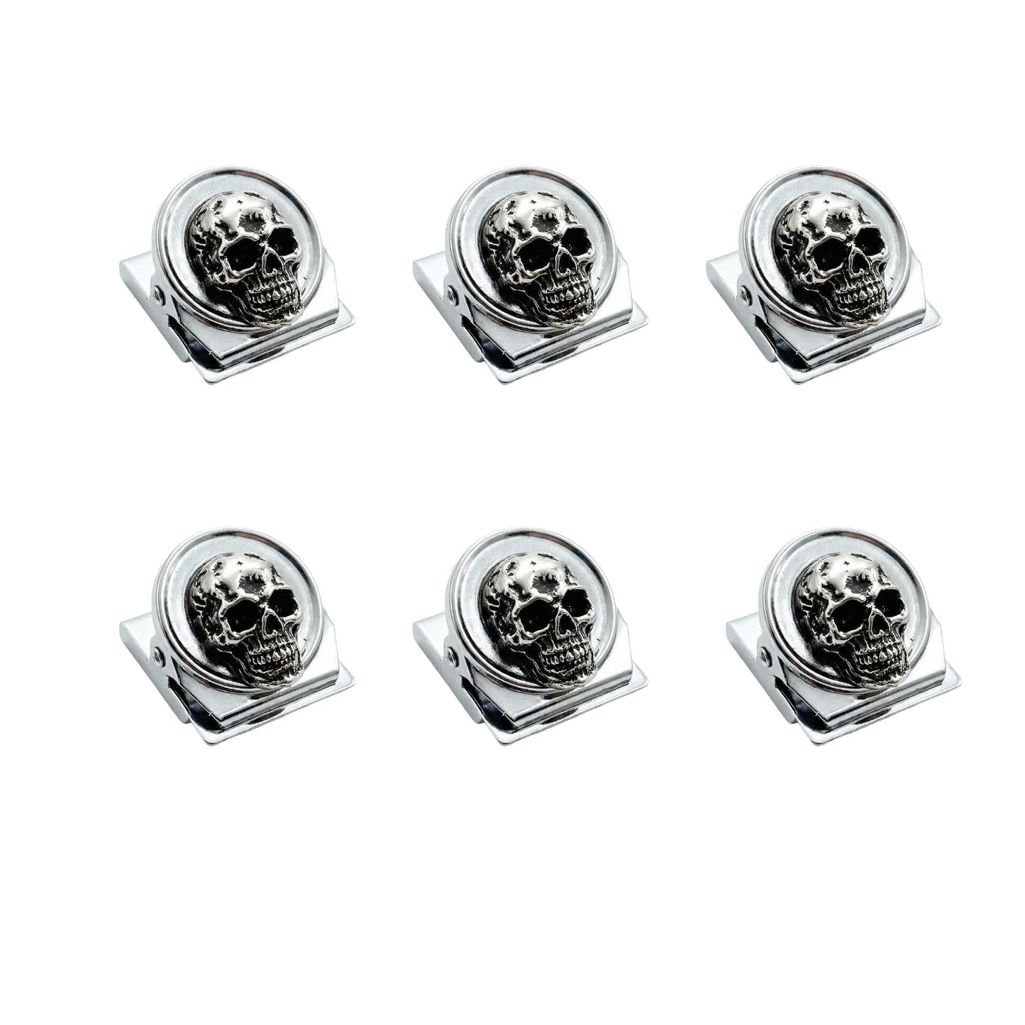 Silver Skull Fridge Magnets Set of 6 Gothic Decorative Strong Hold for Kitchen Office Whiteboard (Silver Skull Clips)