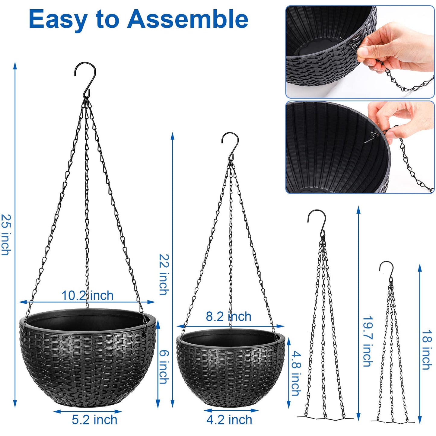 Foraineam Dual-Pot Self-Watering Hanging Planters, Black, 2 Pack, Indoor/Outdoor, Rattan Design, 10.2in and 8.2in