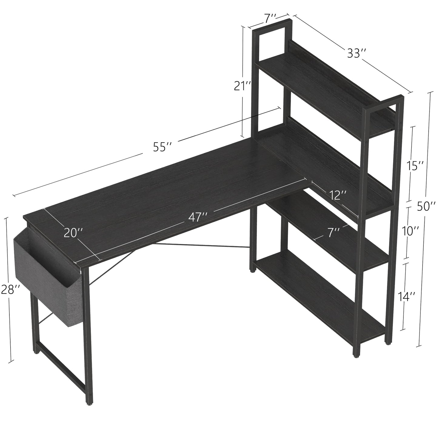 Treesland 55 Inch Small L Shaped Desk, Corner Desk with Bookshelf, Home Office Desk, Writing Study Desk for Bedroom, Black