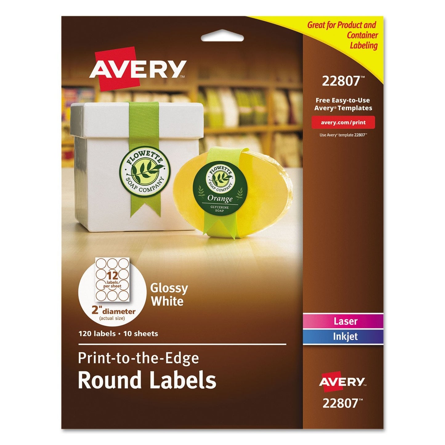 Avery Printable Round Labels, Sure Feed Technology, Glossy White Labels, 2" Diameter, Permanent Adhesive, Laser/Inkjet, 120 Total (22807)