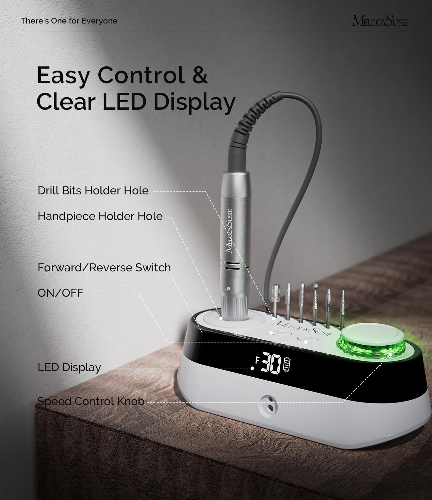 MelodySusie Advanced Desktop Rechargeable Nail Drill with Built-in Bit & Handpiece Storage Holders, SC320A 30000RPM E-File for All Manicure Shaping & Gel Removal, Ideal for Nail Artists & Home Use