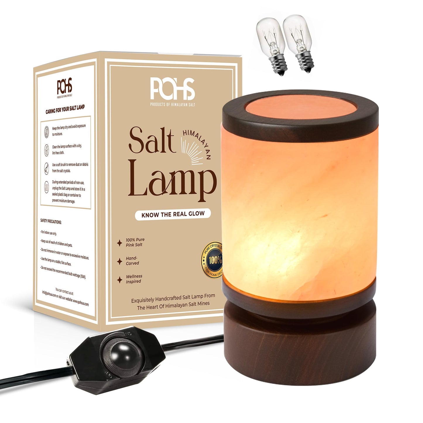 POHS Himalayan Pink Salt Round Lamp with Premium Brown Polished Wooden Base, 60'' Long Dimmer Switch Cord and Two Light Bulbs; Hand Crafted,for Home, Office and Gift for Christmas